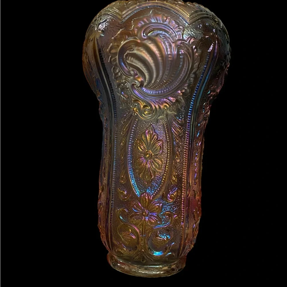VTG Imperial Carnival Glass Scroll Flower Panels Vase Smoke Peacock 10”